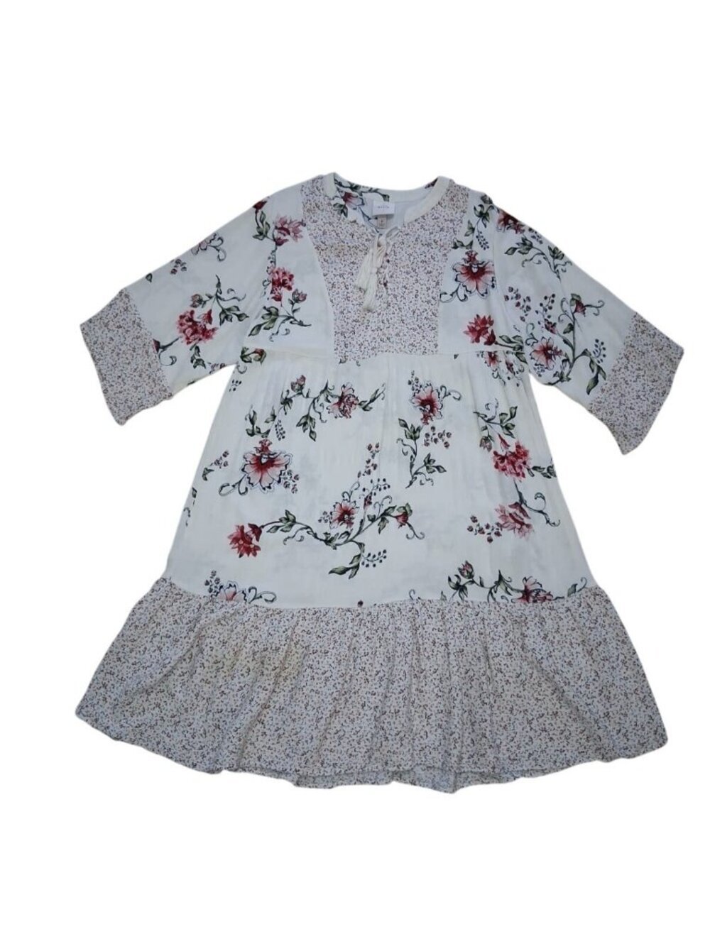Knox Rose Floral Boho Dress Ruffle Hem 3/4 Sleeve Size M